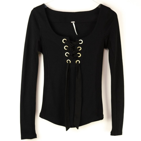 Free People Looking Back Shirt Long Sleeve Lace-Up Black Top Size Small - Picture 5 of 6